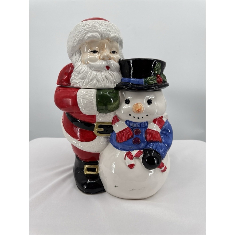 Vintage Hand Painted Santa/Snowman Ceramic Cookie Jar‎ 12" In Original Box